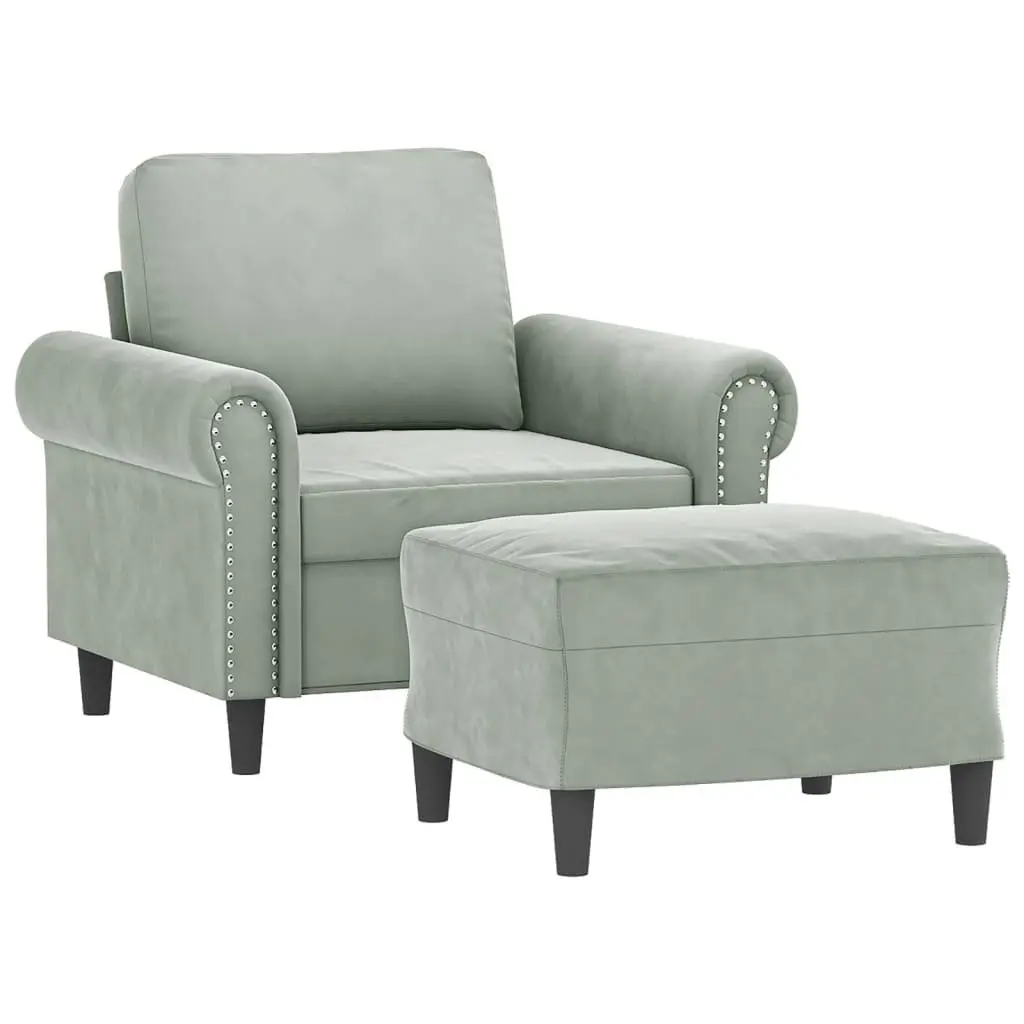 Sofa Chair Velvet Grey with Footstool Compact Lounge Seat Armchair
