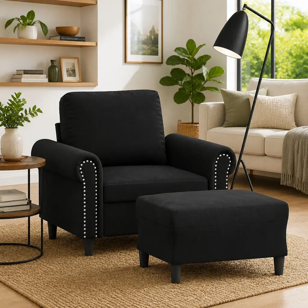 Black Velvet Accent Armchair with Footstool Set