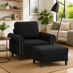 Durable Black Velvet Sofa Chair with Footstool for Living Room