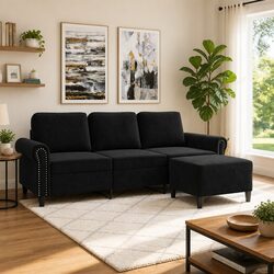 Durable 3-Seater Sofa with Footstool in Black Velvet