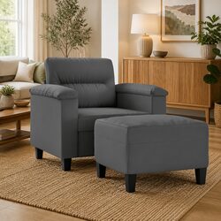 Sturdy Sofa Chair with Footstool in Grey Microfibre