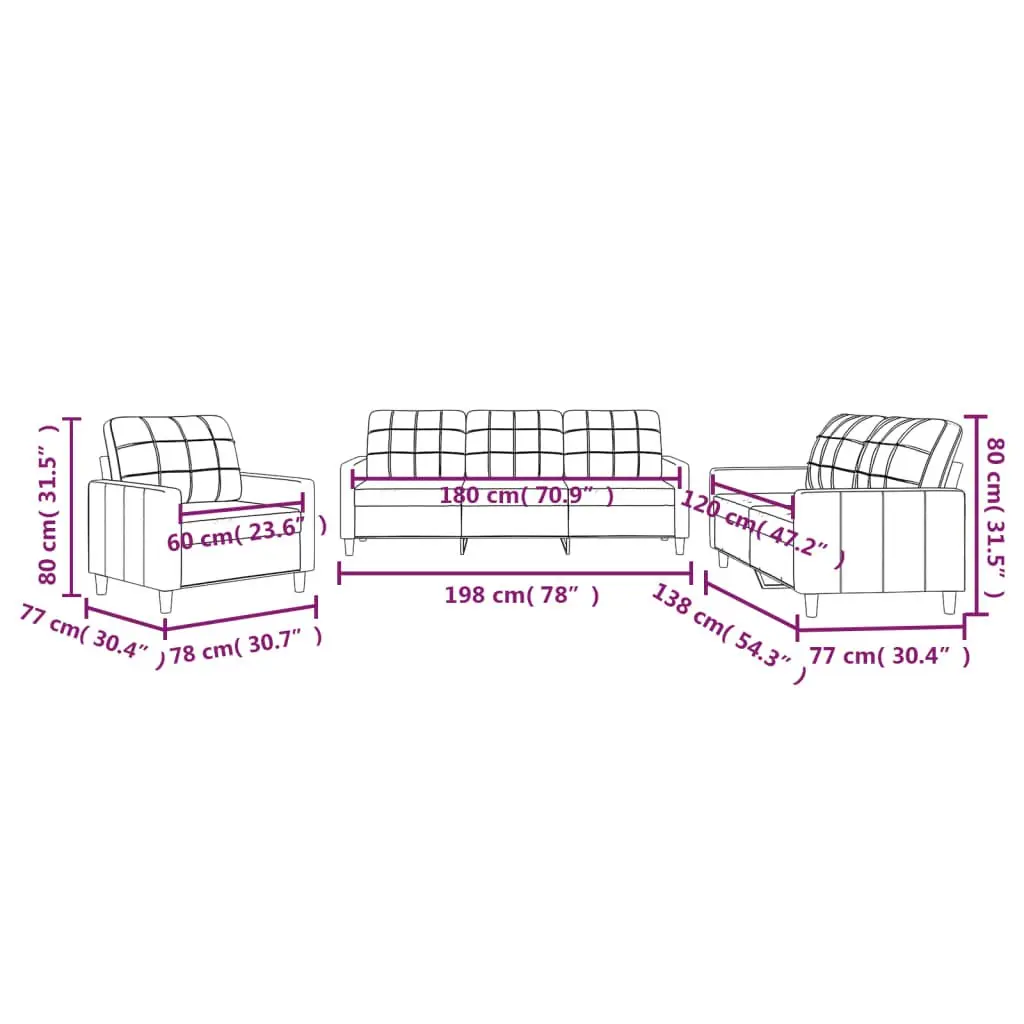 3 Piece Sofa Set in Grey Fabric
