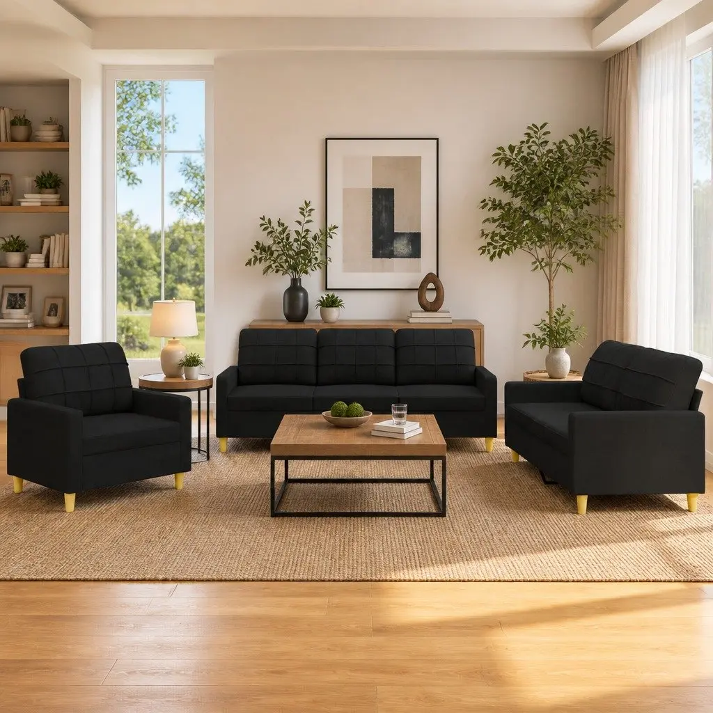 3 Piece Sofa Set Fabric Black