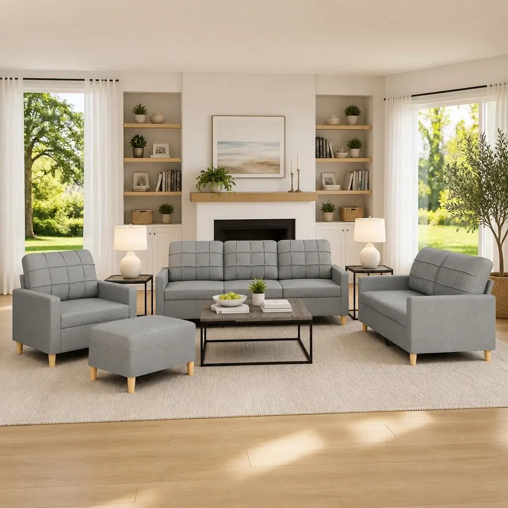4 Piece Grey Fabric Sofa Set with Cushions
