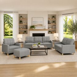 Durable 4 Piece Grey Fabric Sofa Set with Cushions