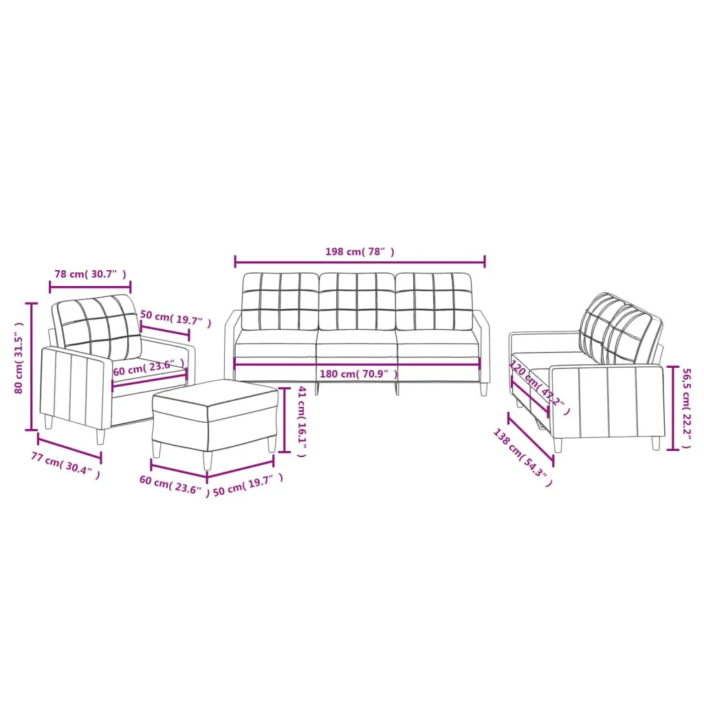 4 Piece Grey Sofa Set with Cushions and Footstool