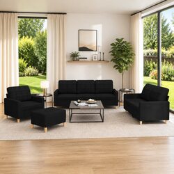 Durable 4 Piece Sofa Set with Cushions in Black Fabric