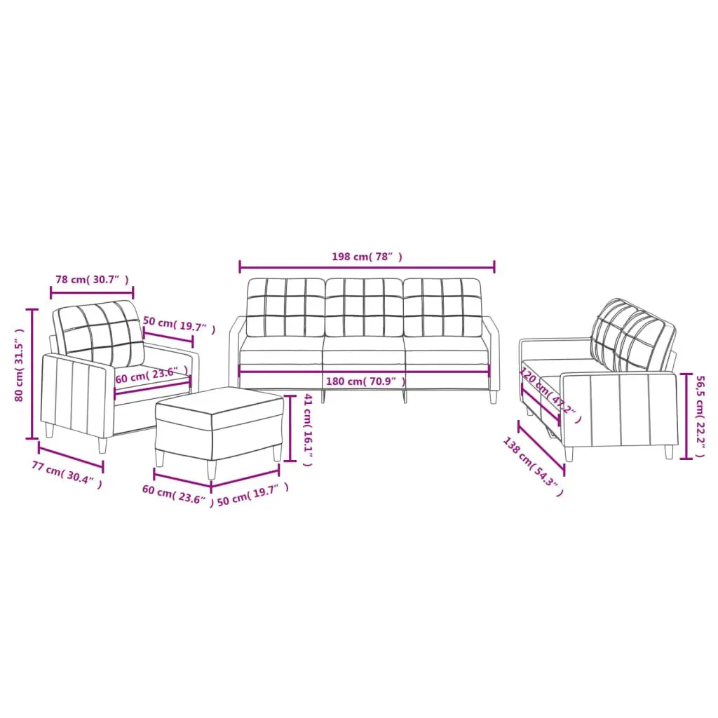 4 Piece Sofa Set with Cushions in Black Fabric