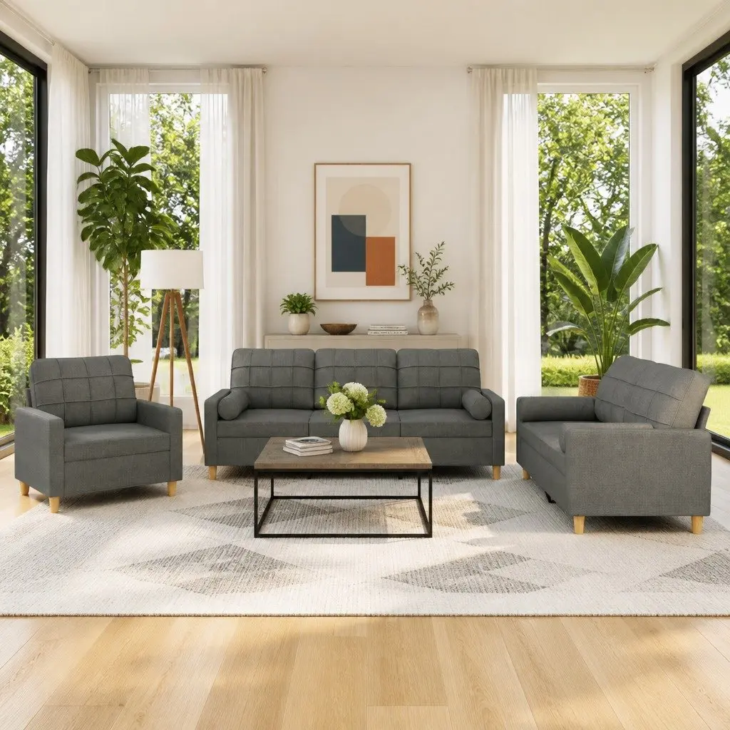 3 Piece Grey Fabric Sofa Set with Pillows
