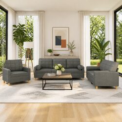 Sturdy 3 Piece Grey Fabric Sofa Set with Pillows