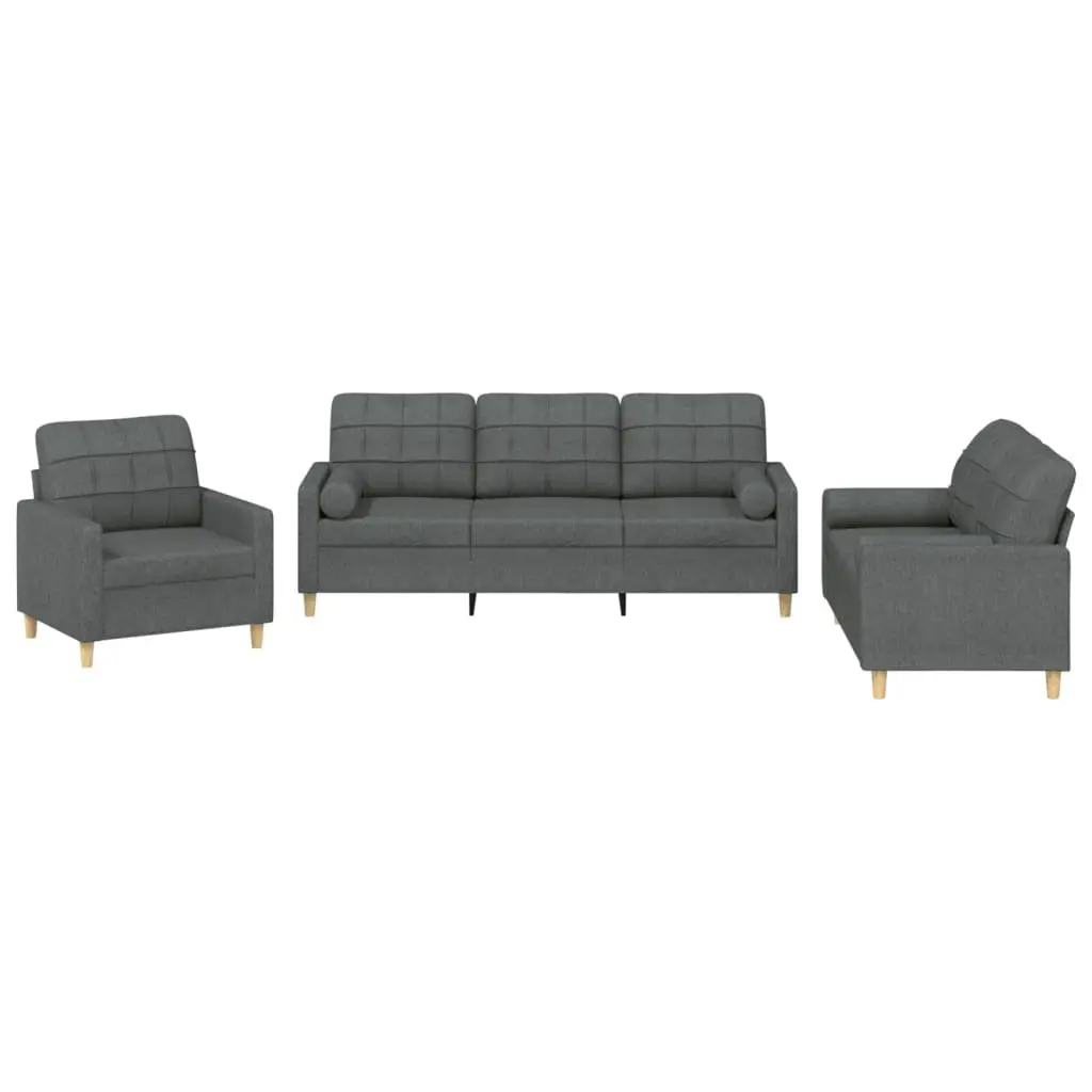 3 Piece Grey Fabric Sofa Set with Pillows