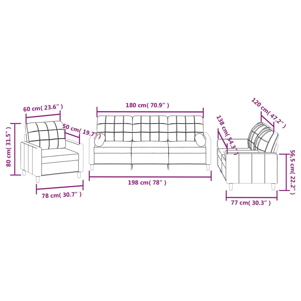 3 Piece Grey Fabric Sofa Set with Pillows