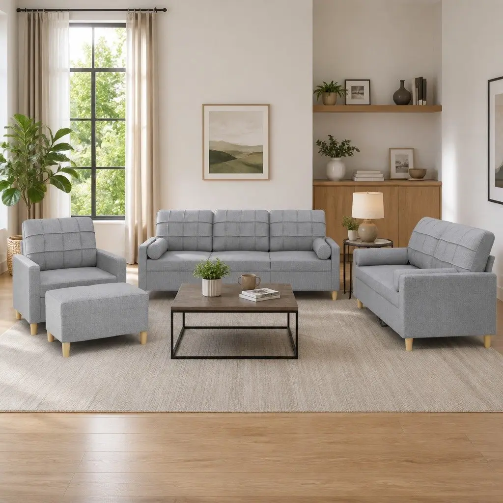 4 Piece Grey Fabric Sofa Set with Ottoman