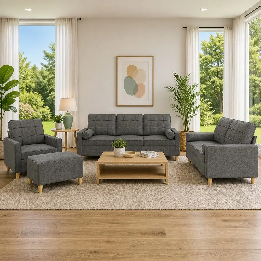 4 Piece Sofa Set Fabric Grey Lounge with Pillows Footstool