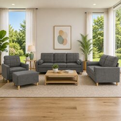 4 Piece Grey Fabric Sofa Set with Pillows and Footstool