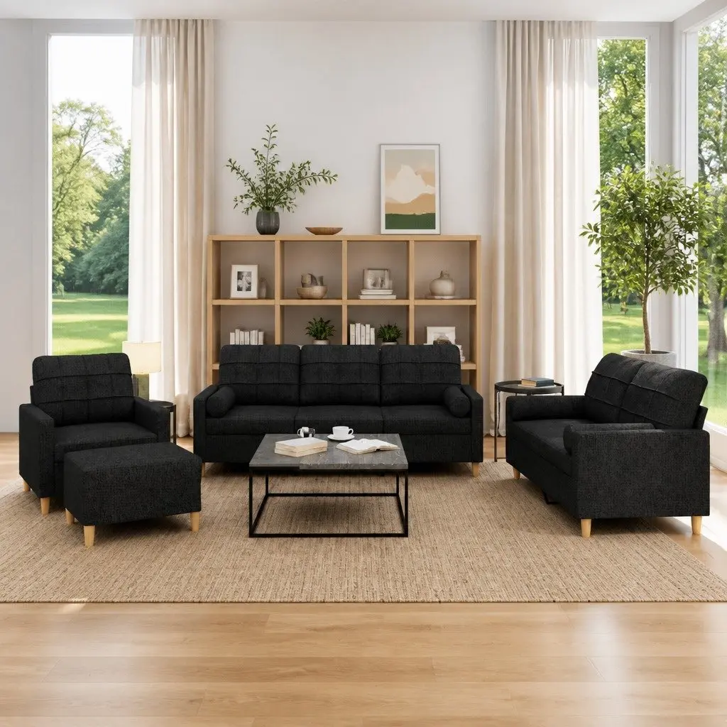 Sofa Set Fabric 4 Piece Black Living Room with Pillows Ottoman Footstool