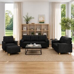 Sturdy Black Fabric 4 Piece Sofa Set with Pillows & Ottoman