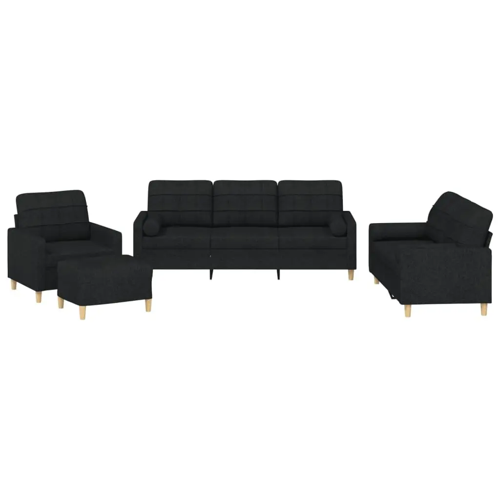 Sofa Set Fabric 4 Piece Black Living Room with Pillows Ottoman Footstool