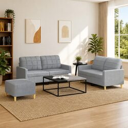Durable 3 Piece Grey Sofa Set with Footstool