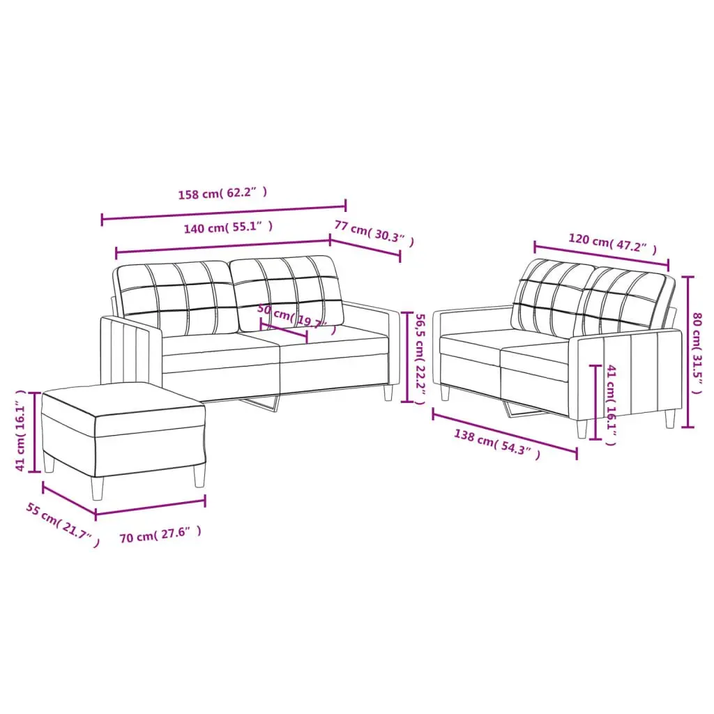 3 Piece Grey Sofa Set with Footstool