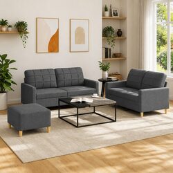 Sturdy 3 Piece Grey Sofa Set with Cushions for Living Rooms