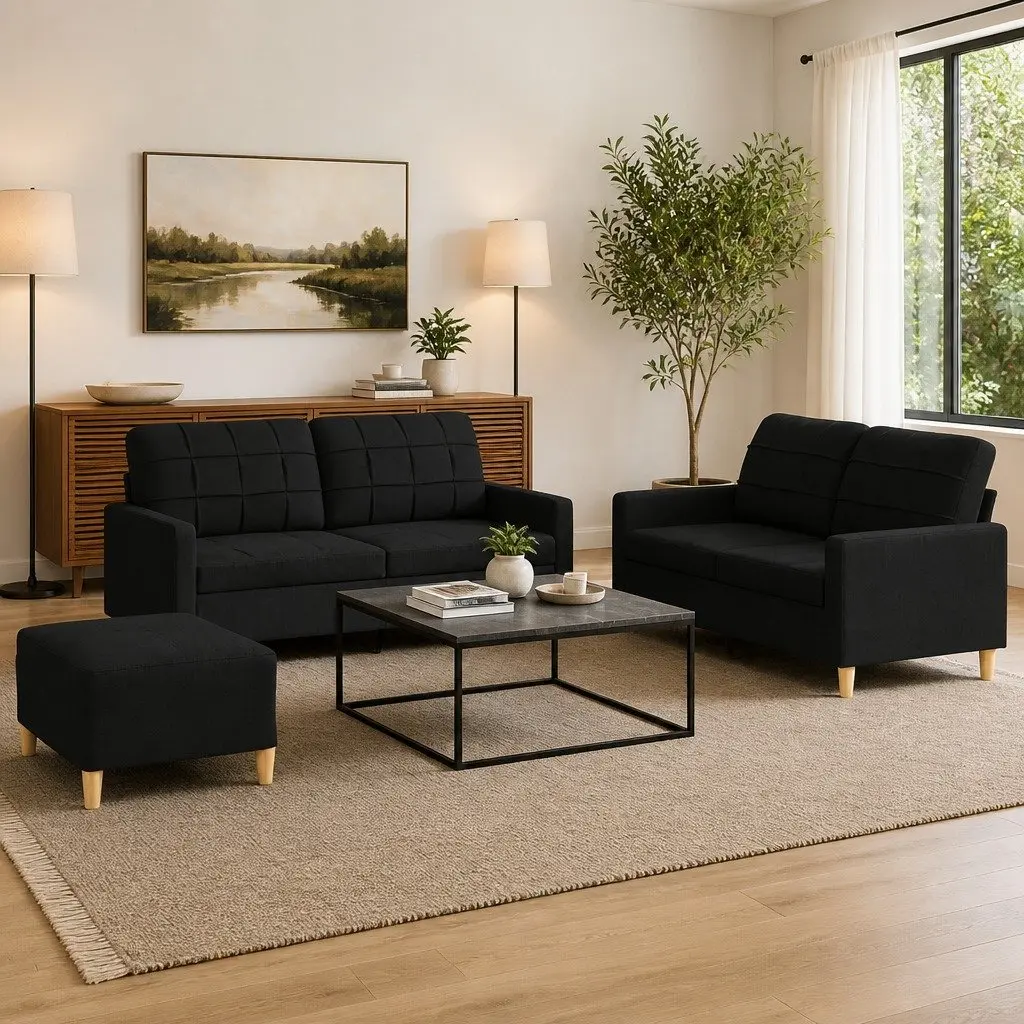3 Piece Black Fabric Sofa Set with Footstool