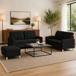 Durable 3 Piece Black Fabric Sofa Set with Footstool