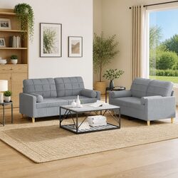 Grey Fabric 2 Piece Sofa Set with Pillows for Living Room