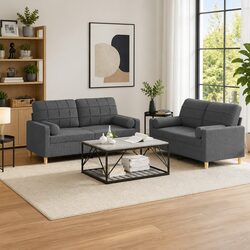 Grey Fabric 2 Piece Sofa Set with Pillows for Living Room