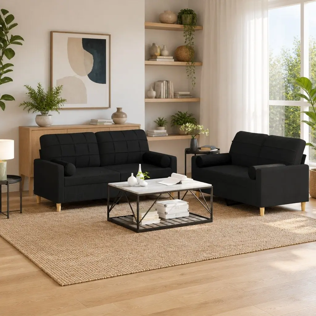 Black Fabric Sofa Set with Throw Pillows