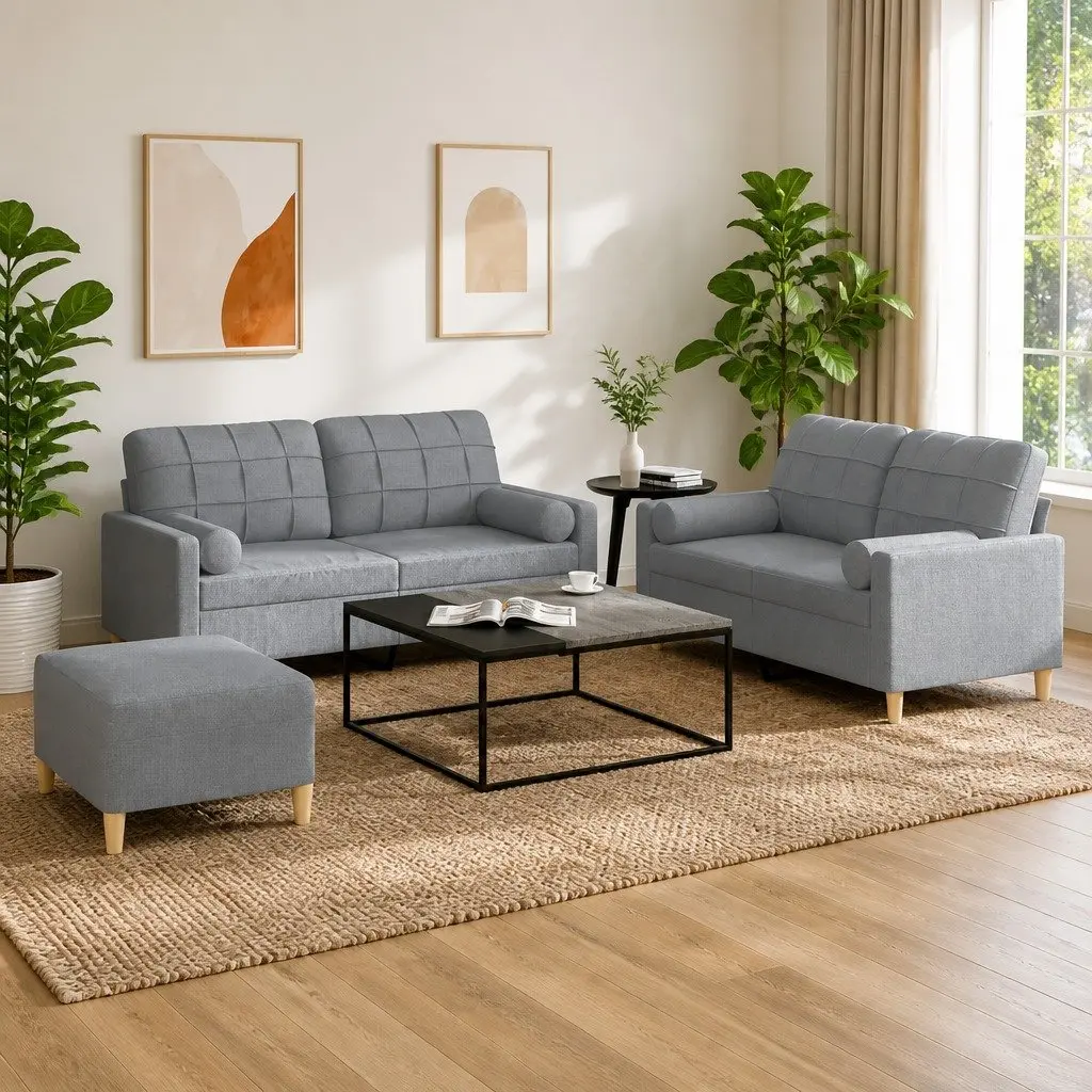 3 Piece Sofa Set with Footstool in Grey
