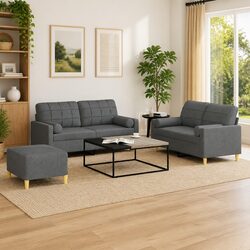 Sturdy 3 Piece Grey Sofa Set with Footstool and Pillows