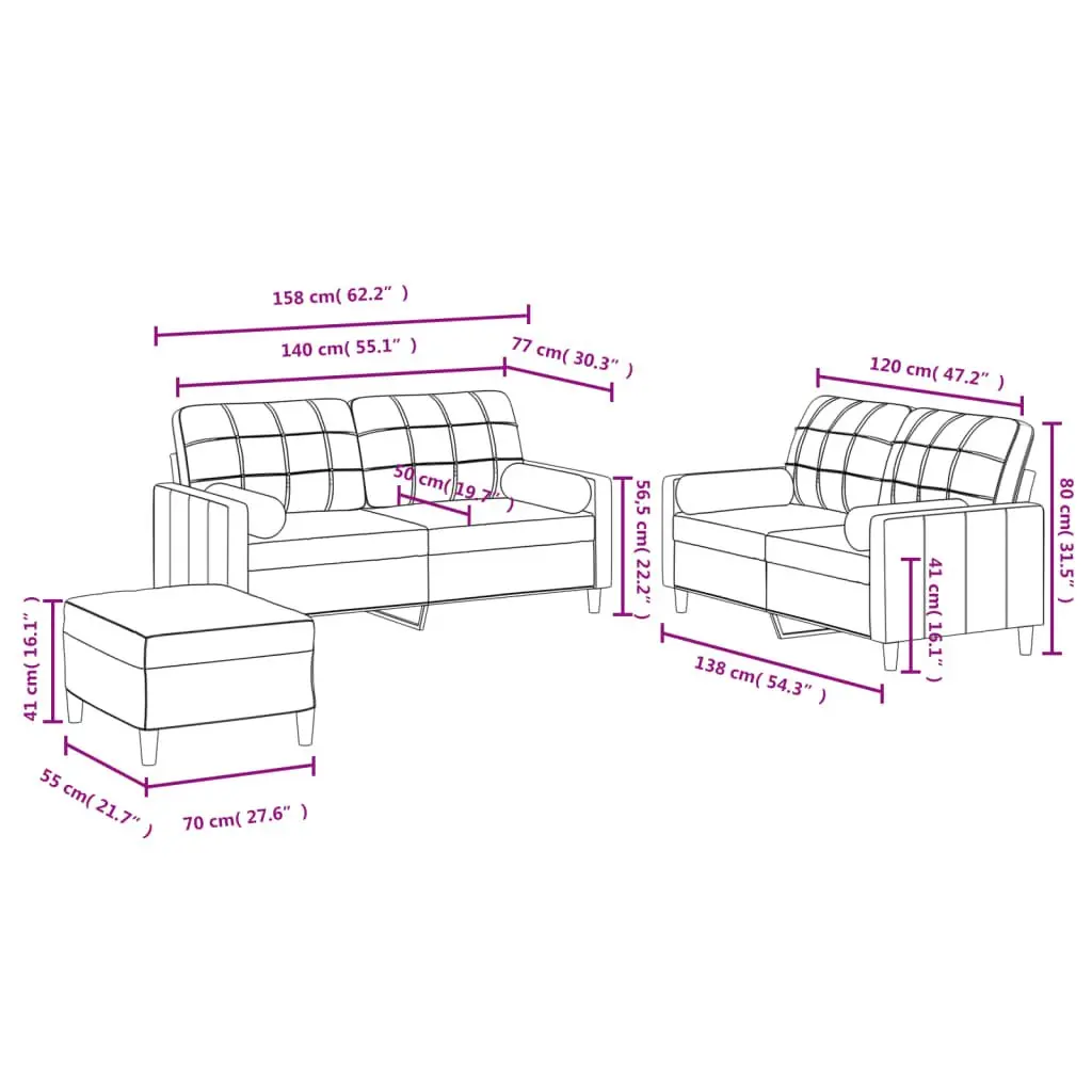 3 Piece Grey Sofa Set with Footstool and Pillows