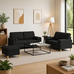 Elegant 3 Piece Black Fabric Sofa Set with Cushions