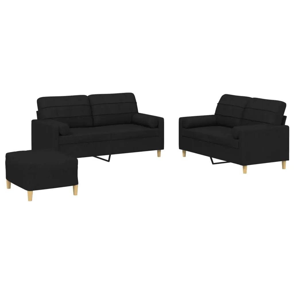 3 Piece Black Fabric Sofa Set with Cushions