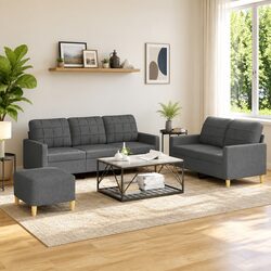Durable 3 Piece Grey Fabric Sofa Set with Footstool
