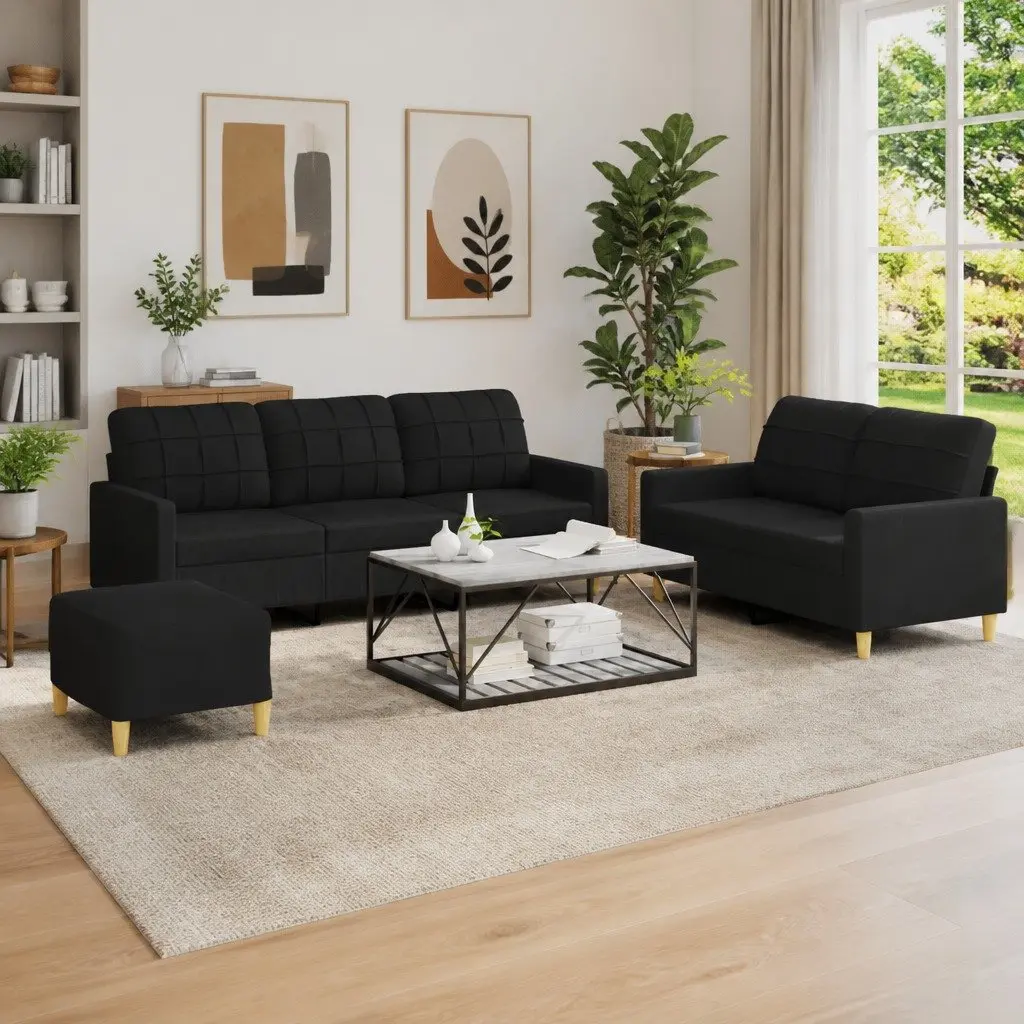 Black Fabric Lounge Suite Sofa Set 3 Piece with Cushions and Footstool