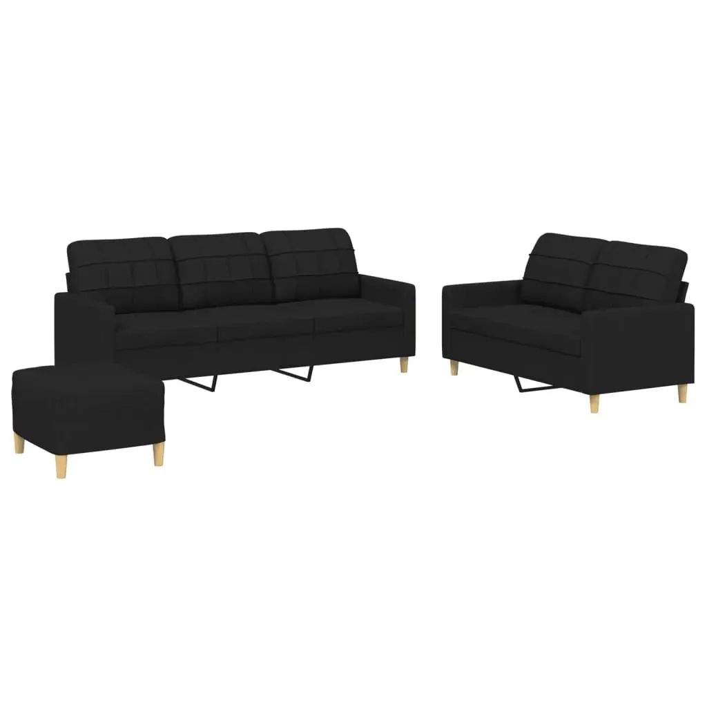 Black Fabric Lounge Suite Sofa Set 3 Piece with Cushions and Footstool