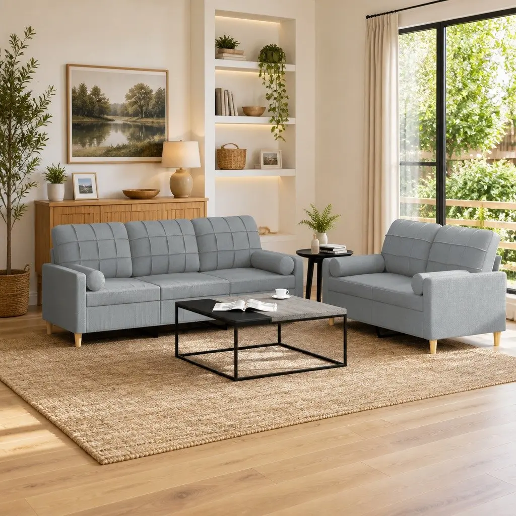 Grey Fabric 2 Piece Sofa Set with Pillows