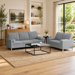 Sturdy Grey Fabric 2 Piece Sofa Set with Pillows
