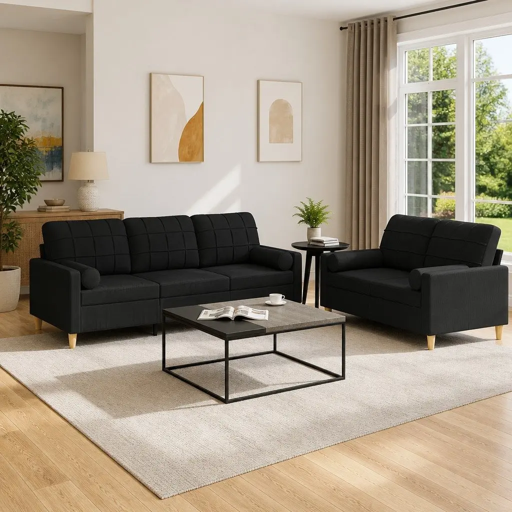 2 Piece Black Fabric Sofa Set with Pillows