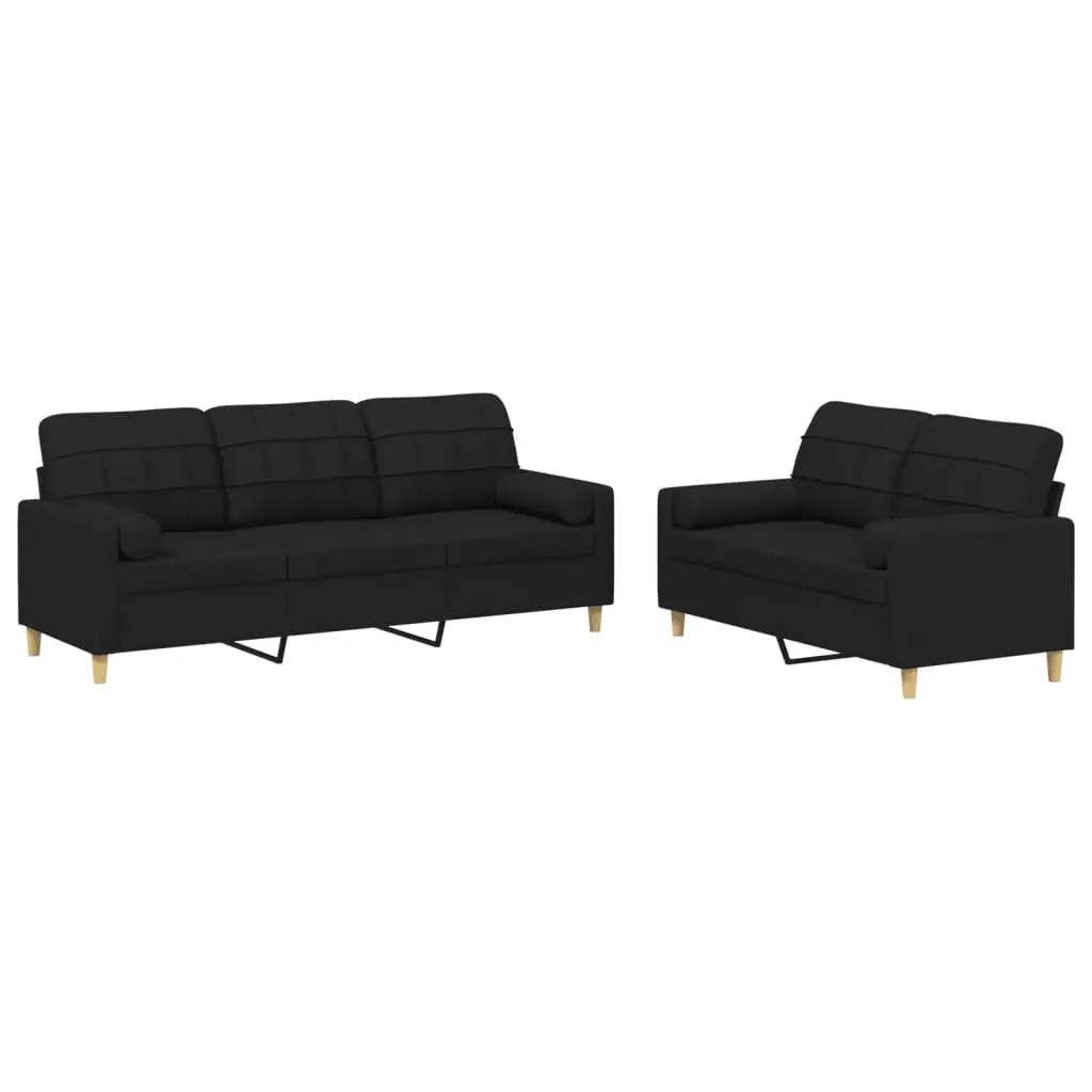 2 Piece Black Fabric Sofa Set with Pillows