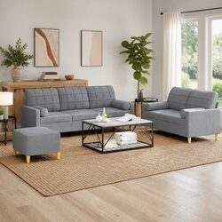 3 Piece Grey Fabric Sofa Set with Roll Pillows and Footstool