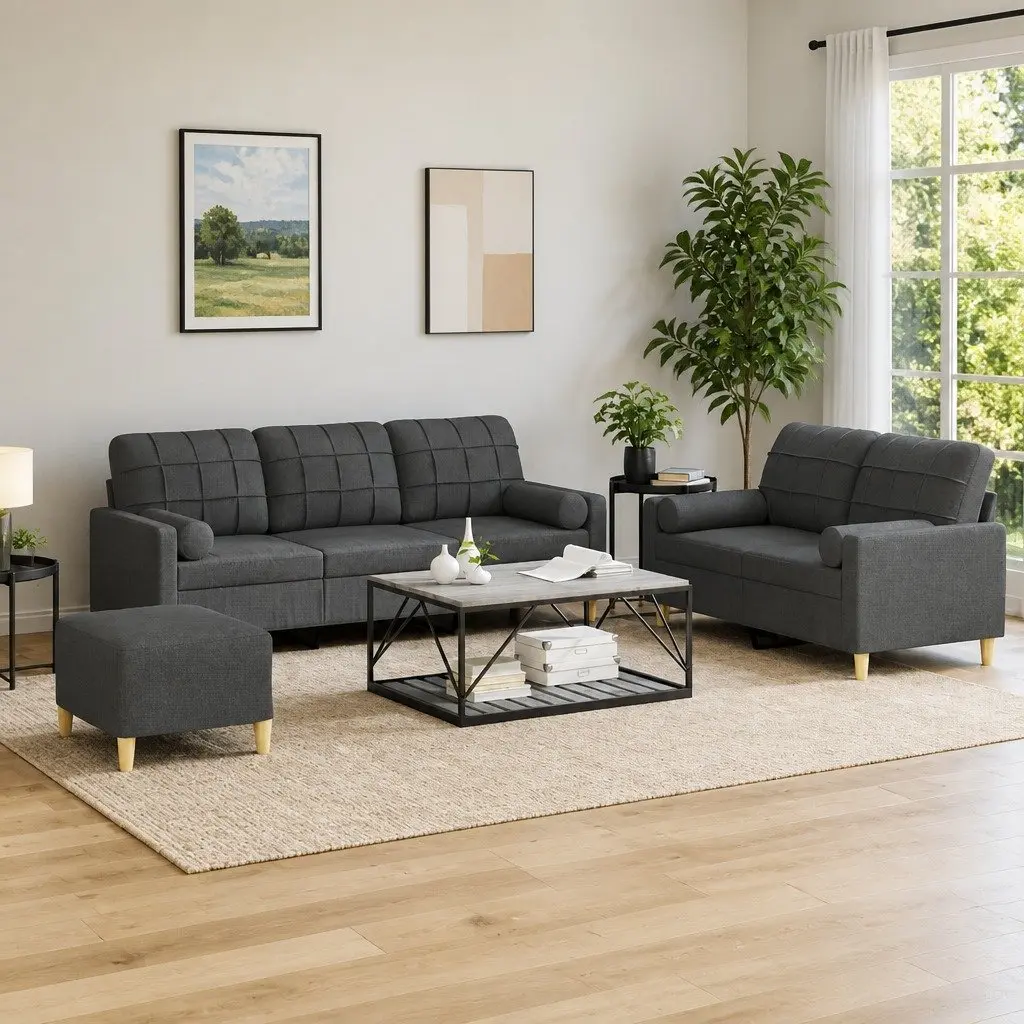 3 Piece Grey Fabric Sofa Set with Pillows & Footstool