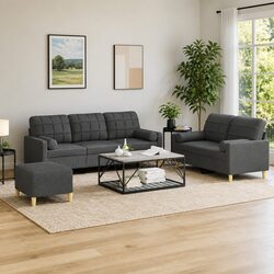 Sturdy 3 Piece Grey Fabric Sofa Set with Pillows & Footstool