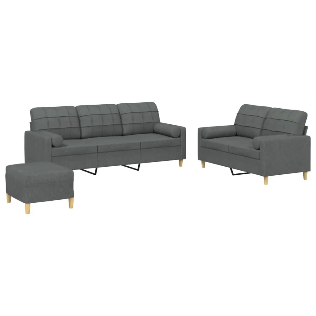 3 Piece Grey Fabric Sofa Set with Pillows & Footstool