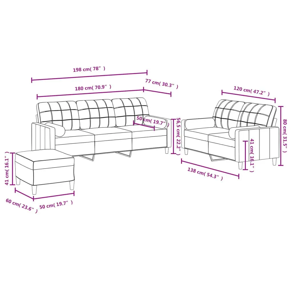 3 Piece Grey Fabric Sofa Set with Pillows & Footstool