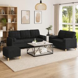 Durable 3 Piece Black Sofa Set with Pillows and Footstool