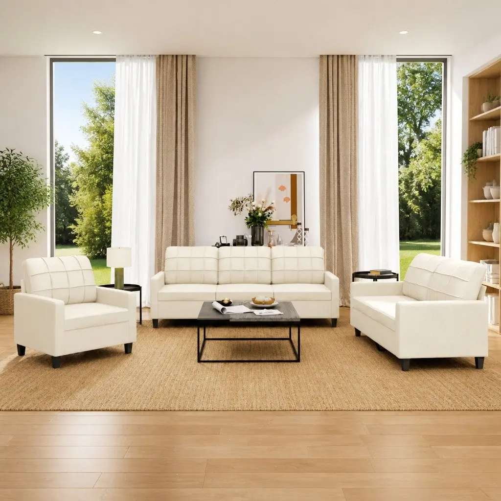 3 Piece Sofa Set in Cream Faux Leather