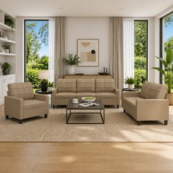 Brown Faux Leather 3 Piece Sofa Set for Living Rooms